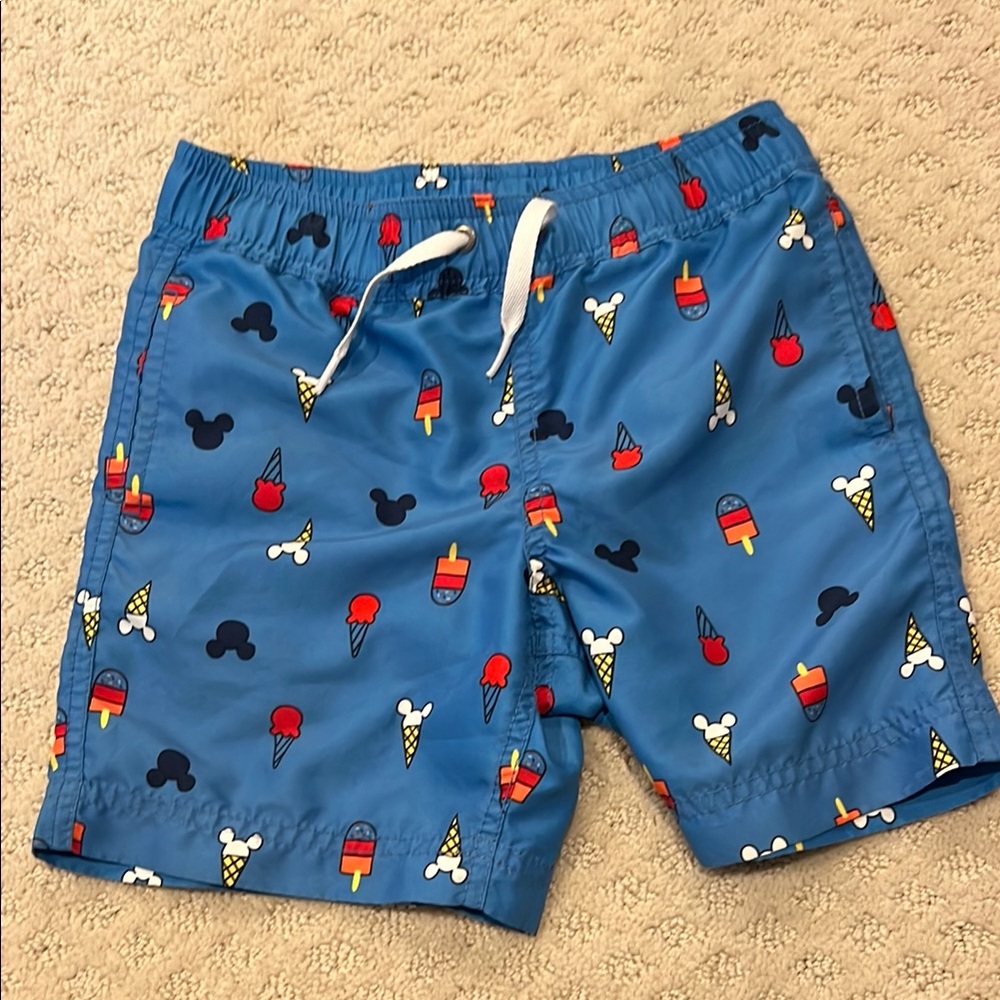 Hanna Andersson Blue and Red Swim Trunks with Mickey Pattern